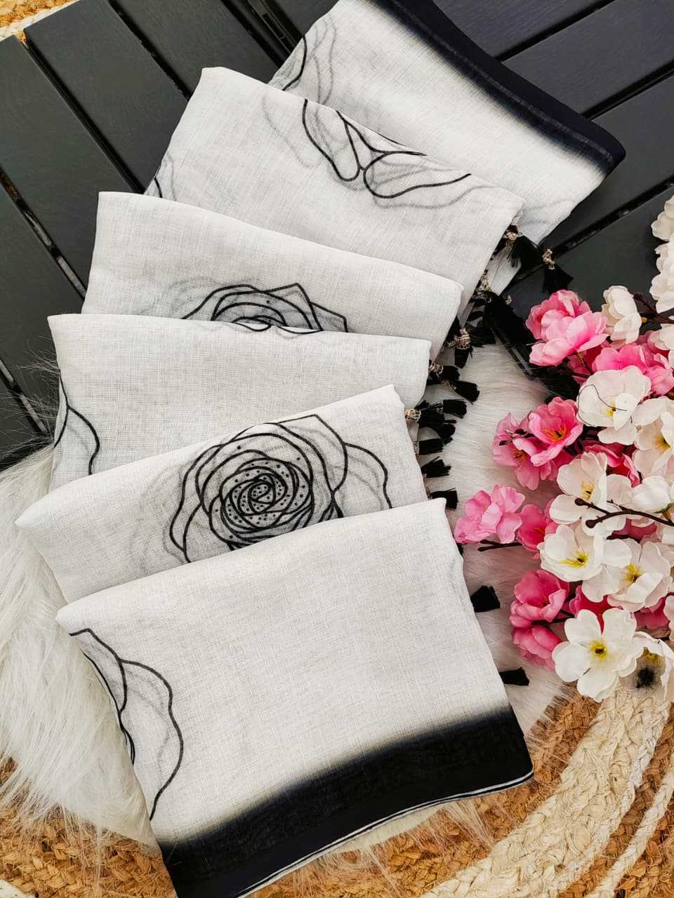 White Printed Linen Saree with Digital Design