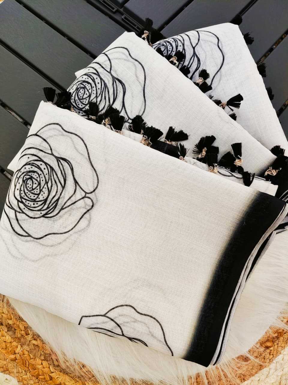 White Printed Linen Saree with Digital Design