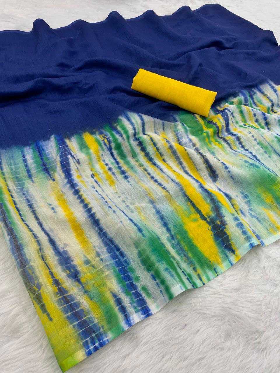 Blue Premium Linen Tie-Dye Printed Saree - House of ViDi