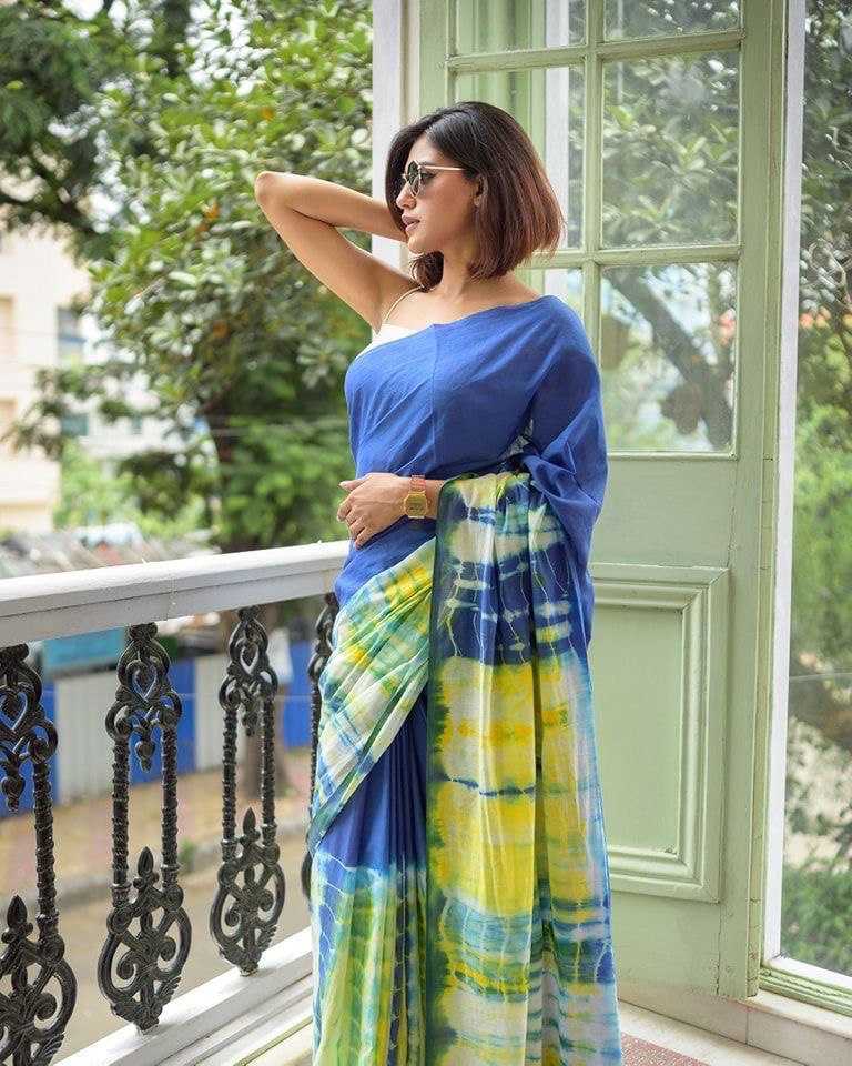 Blue Premium Linen Tie-Dye Printed Saree - House of ViDi