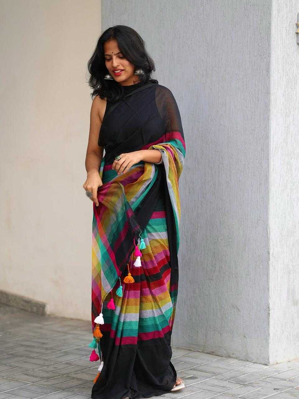 Premium Black Linen Saree with Tassels - House of ViDi