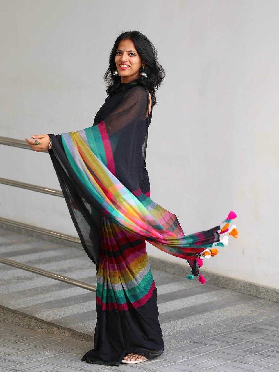 Premium Black Linen Saree with Tassels - House of ViDi