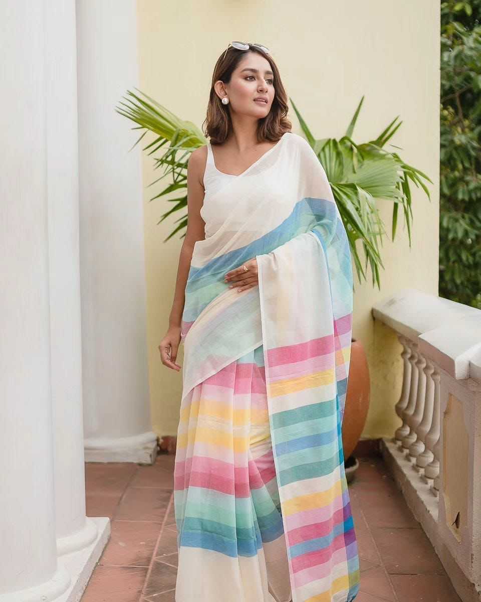Premium White Linen Saree with Tassels - House of ViDi