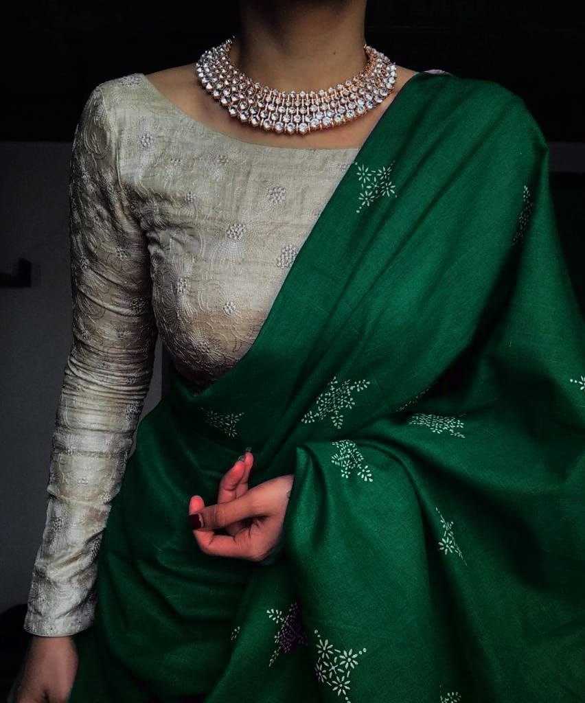 Dark Green Pure Muslin Cotton Silk Designer Saree