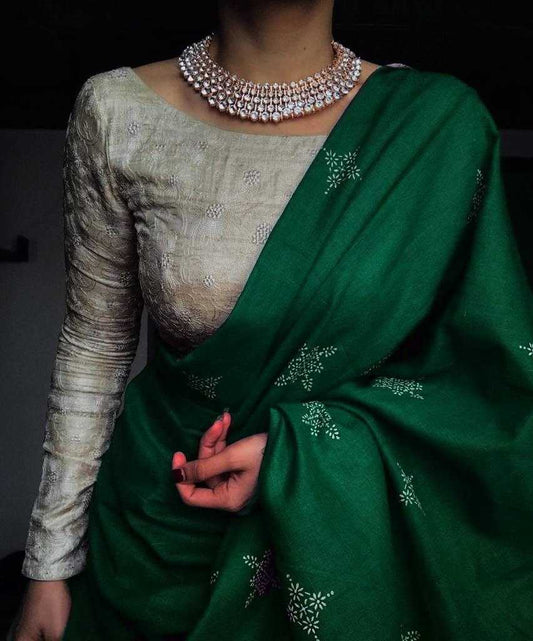 Dark Green Pure Muslin Cotton Silk Designer Saree