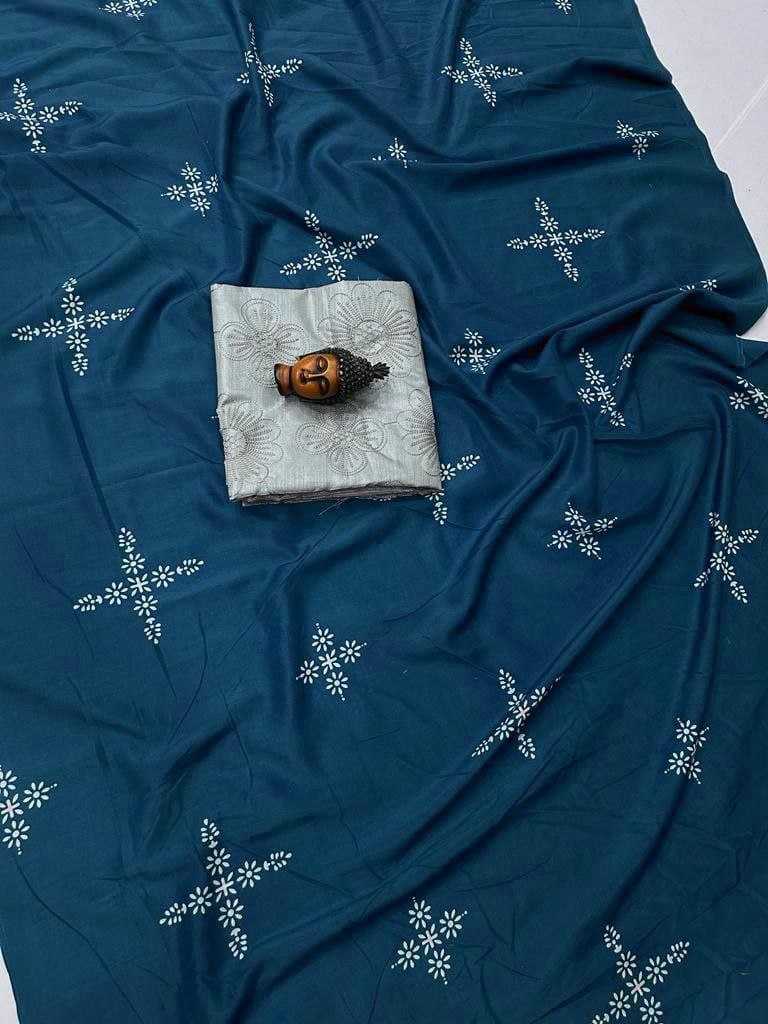 Blue Pure Muslin Cotton Silk Designer Saree