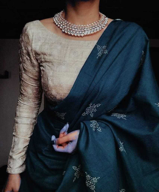 Blue Pure Muslin Cotton Silk Designer Saree