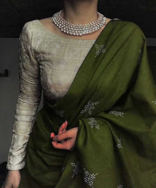 Algae Green Pure Muslin Cotton Silk Designer Saree