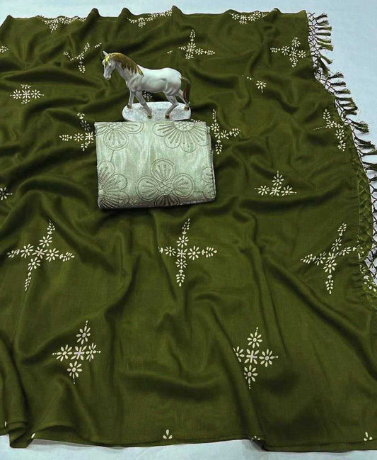Algae Green Pure Muslin Cotton Silk Designer Saree