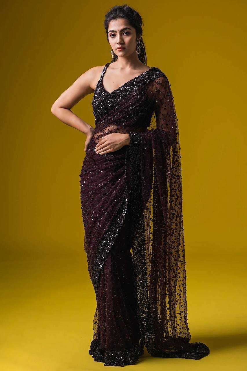 Net Sequin Designer Party Wear Saree - House of ViDi