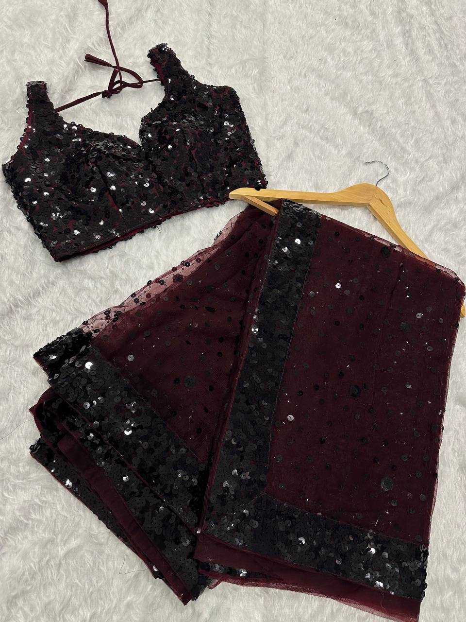 Net Sequin Designer Party Wear Saree - House of ViDi