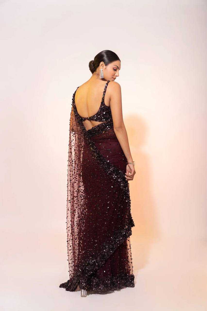 Net Sequin Designer Party Wear Saree - House of ViDi