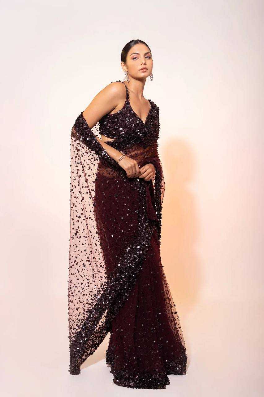 Net Sequin Designer Party Wear Saree - House of ViDi