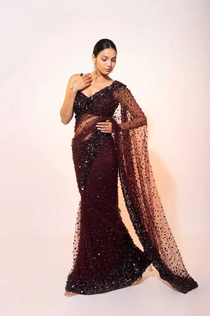 Net Sequin Designer Party Wear Saree - House of ViDi