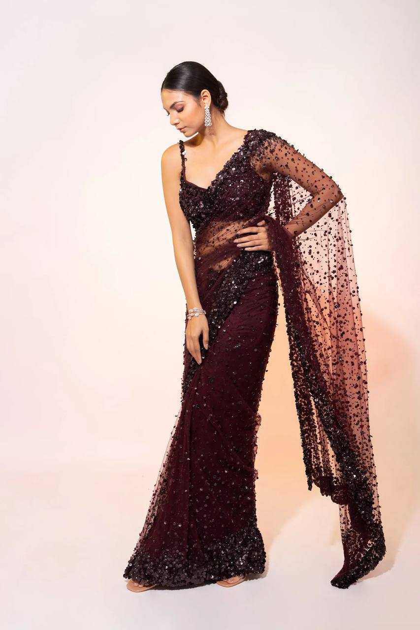 Net Sequin Designer Party Wear Saree - House of ViDi