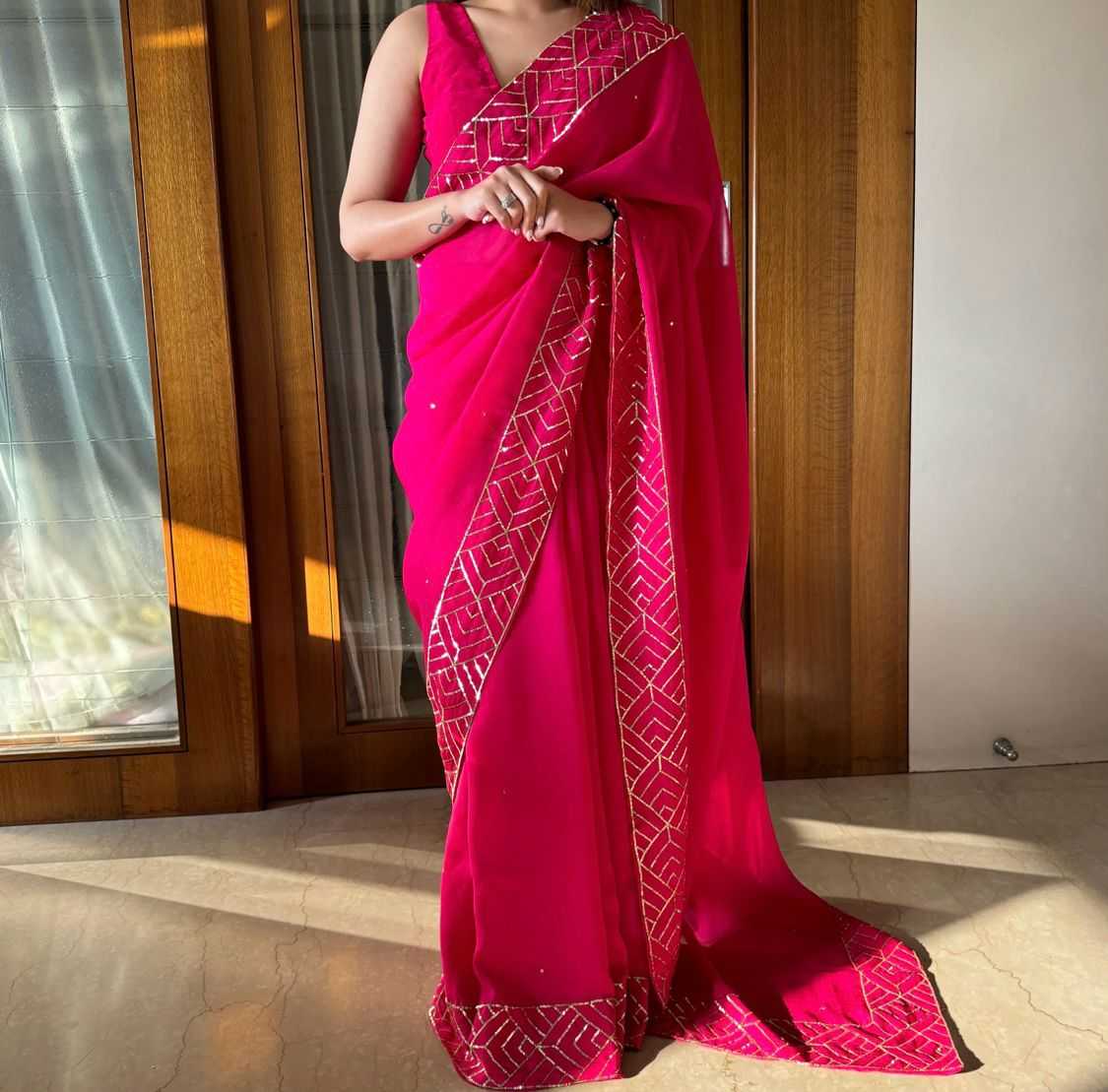 Soft Organza Designer Saree with Hand Touch Sequin Work - House of ViDi