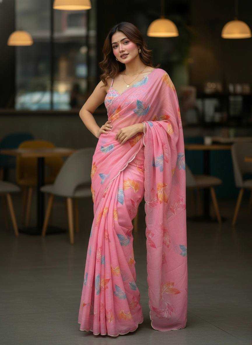 Soft Organza Floral Print Saree with Cut Dana Handwork - House of ViDi