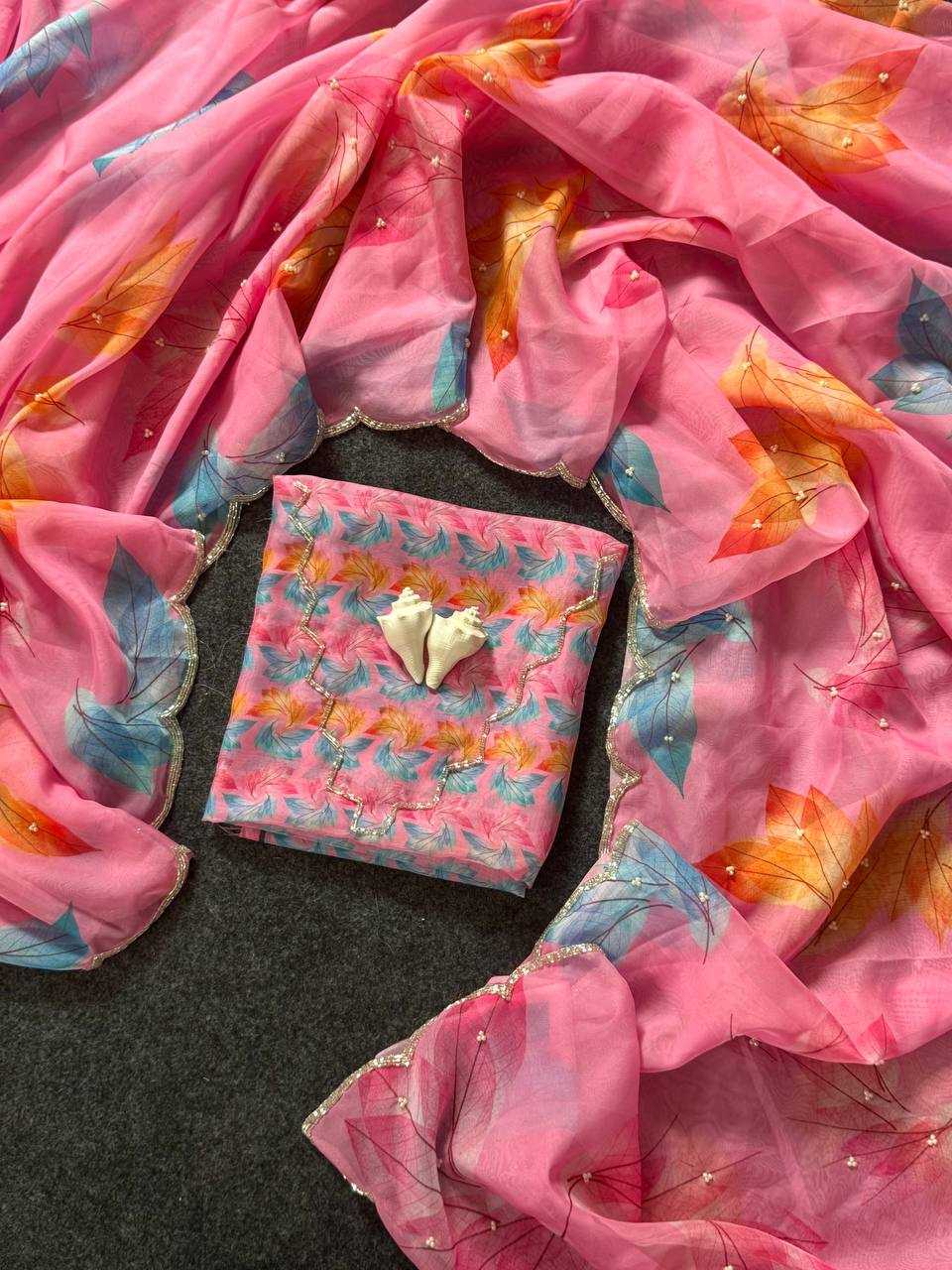 Soft Organza Floral Print Saree with Cut Dana Handwork - House of ViDi