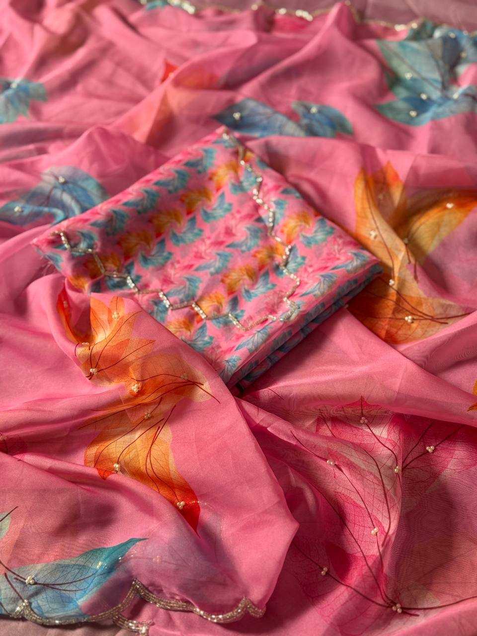 Soft Organza Floral Print Saree with Cut Dana Handwork - House of ViDi