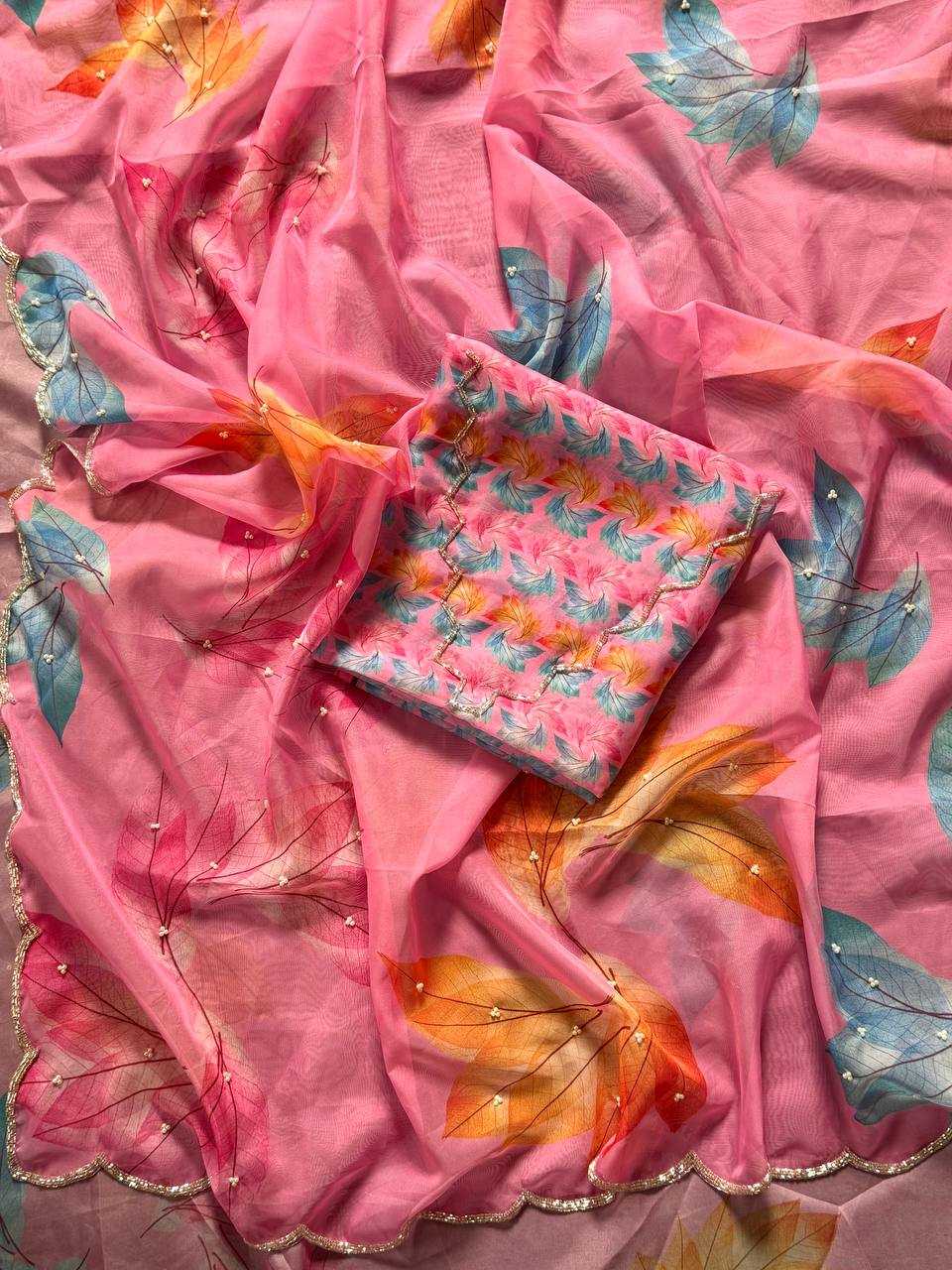 Soft Organza Floral Print Saree with Cut Dana Handwork - House of ViDi