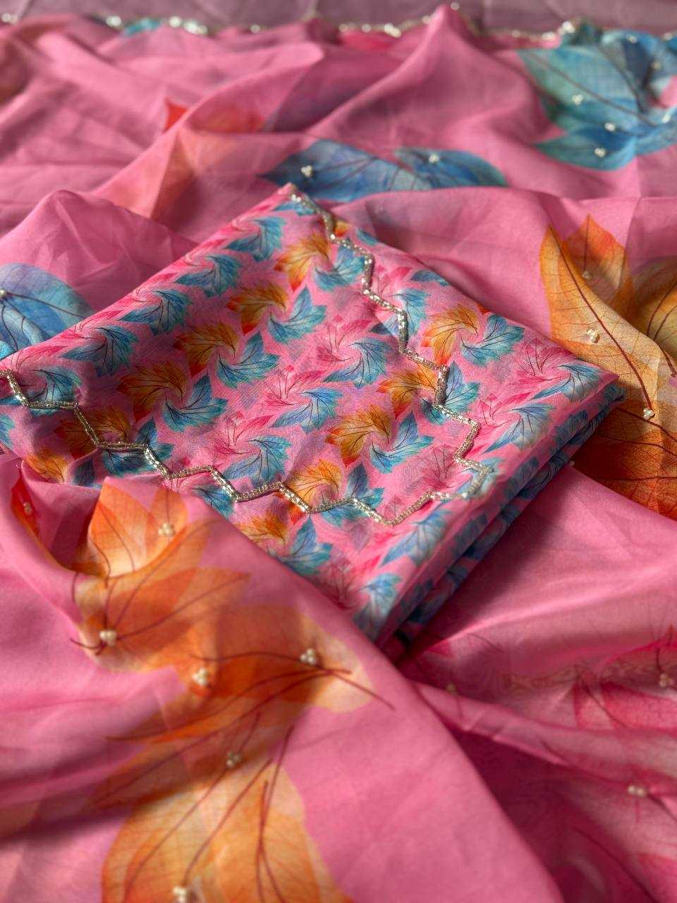 Soft Organza Floral Print Saree with Cut Dana Handwork - House of ViDi