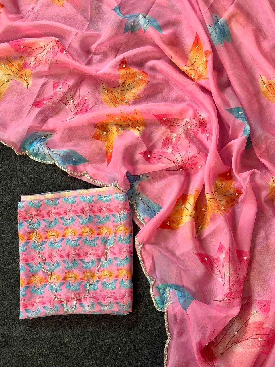 Soft Organza Floral Print Saree with Cut Dana Handwork - House of ViDi