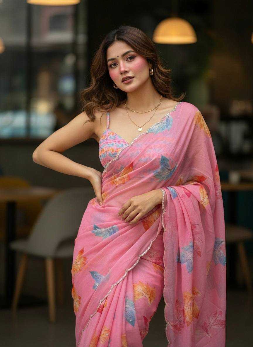 Soft Organza Floral Print Saree with Cut Dana Handwork - House of ViDi