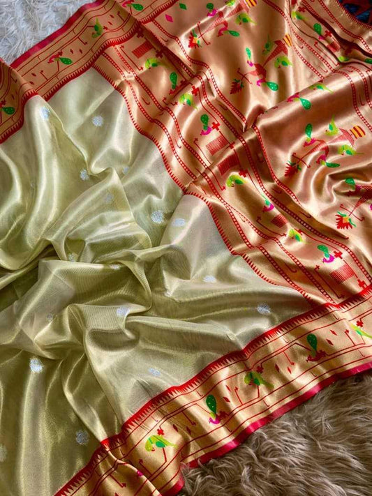 Light Yellow Organza Silk Peacock Pallu Traditional Festive Saree - House of ViDi