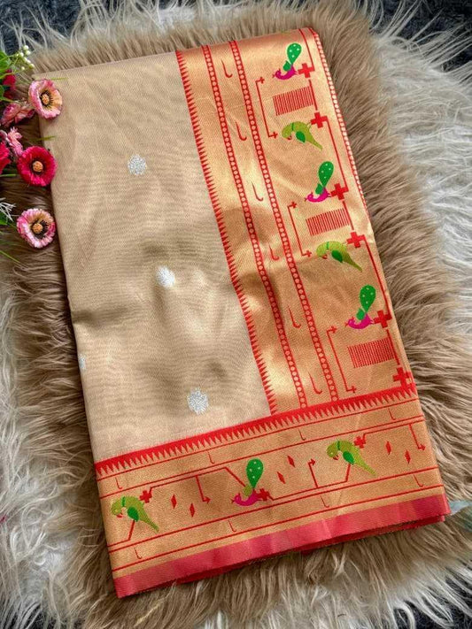 Beige Organza Silk Peacock Pallu Traditional Festive Saree - House of ViDi
