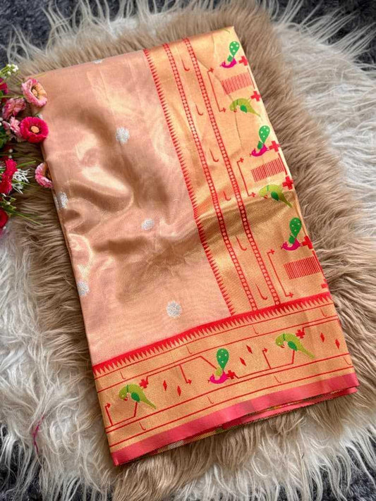Peach Organza Silk Peacock Pallu Traditional Festive Saree - House of ViDi