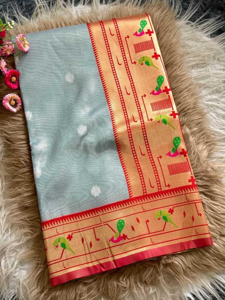 Bright Gray Organza Silk Peacock Pallu Traditional Festive Saree - House of ViDi