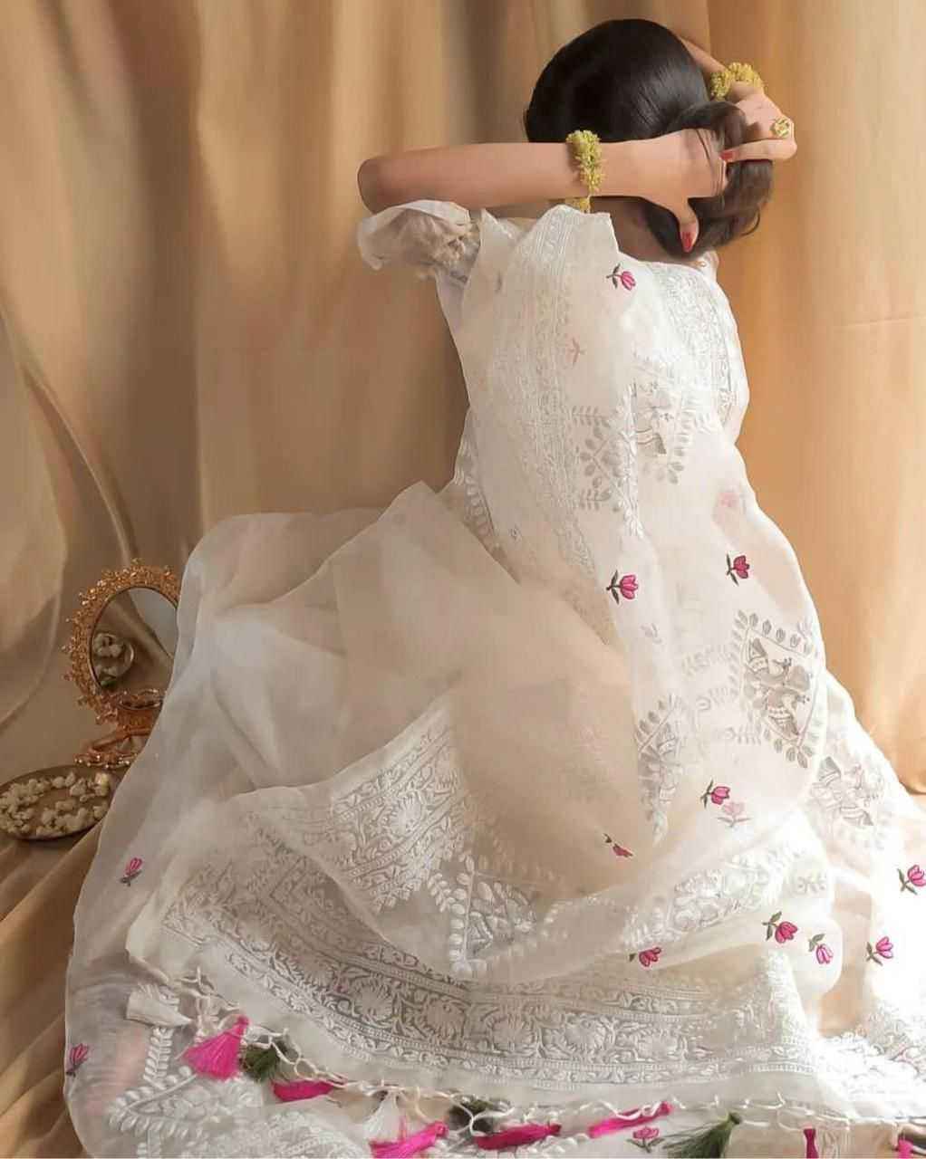 White Organza Silk Lucknowi Embroidered Zari Saree