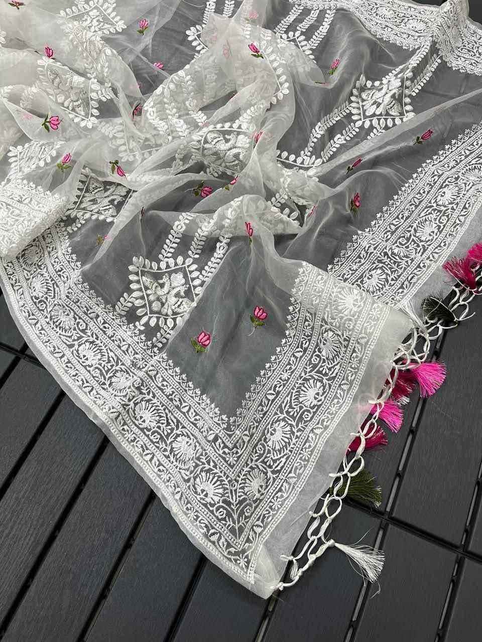 White Organza Silk Lucknowi Embroidered Zari Saree