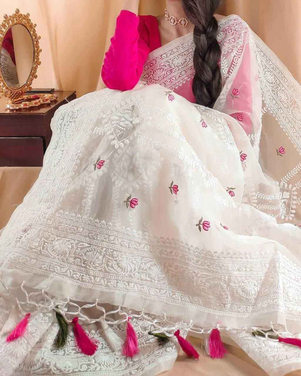 White Organza Silk Lucknowi Embroidered Zari Saree