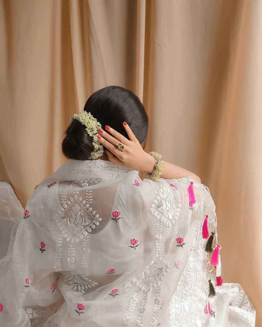 White Organza Silk Lucknowi Embroidered Zari Saree