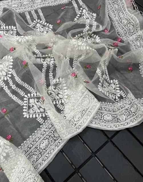 White Organza Silk Lucknowi Embroidered Zari Saree