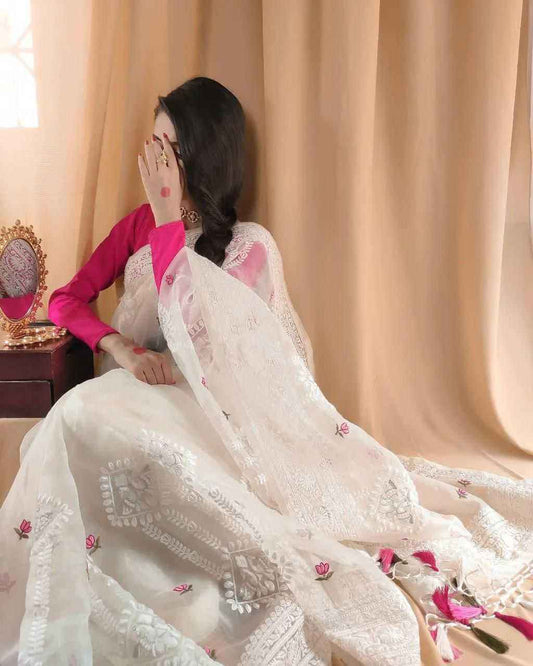White Organza Silk Lucknowi Embroidered Zari Saree