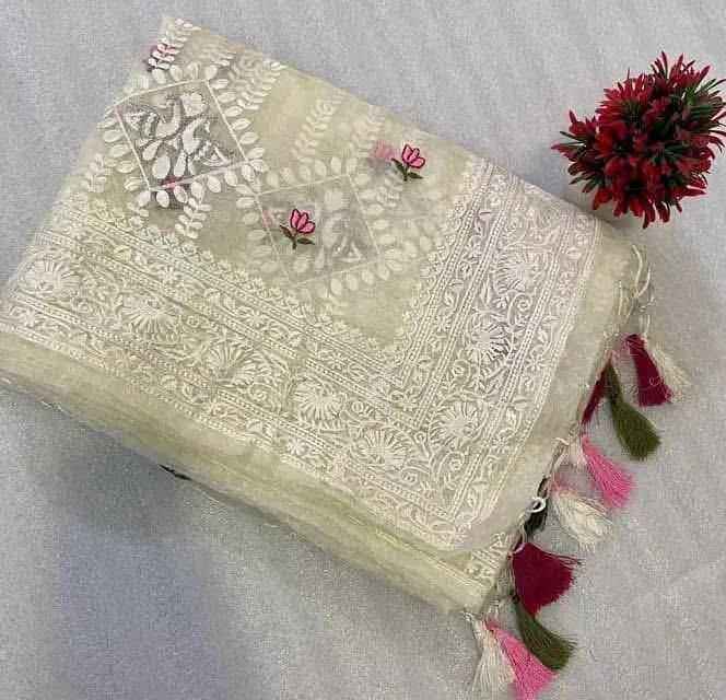 White Organza Silk Lucknowi Embroidered Zari Saree