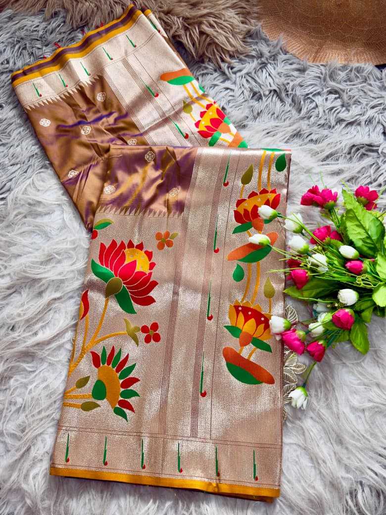 Coffee Royal Lotus Peacock Paithani Silk Saree with Grand Zari Pallu - House of ViDi