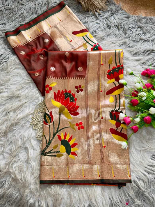 Brown Royal Lotus Peacock Paithani Silk Saree with Grand Zari Pallu - House of ViDi