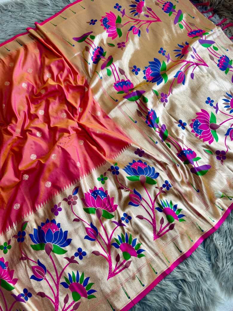 Peach Royal Lotus Peacock Paithani Silk Saree with Grand Zari Pallu - House of ViDi