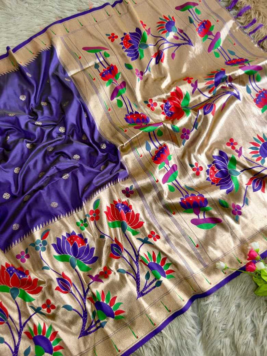 Navy Blue Royal Lotus Peacock Paithani Silk Saree with Grand Zari Pallu - House of ViDi