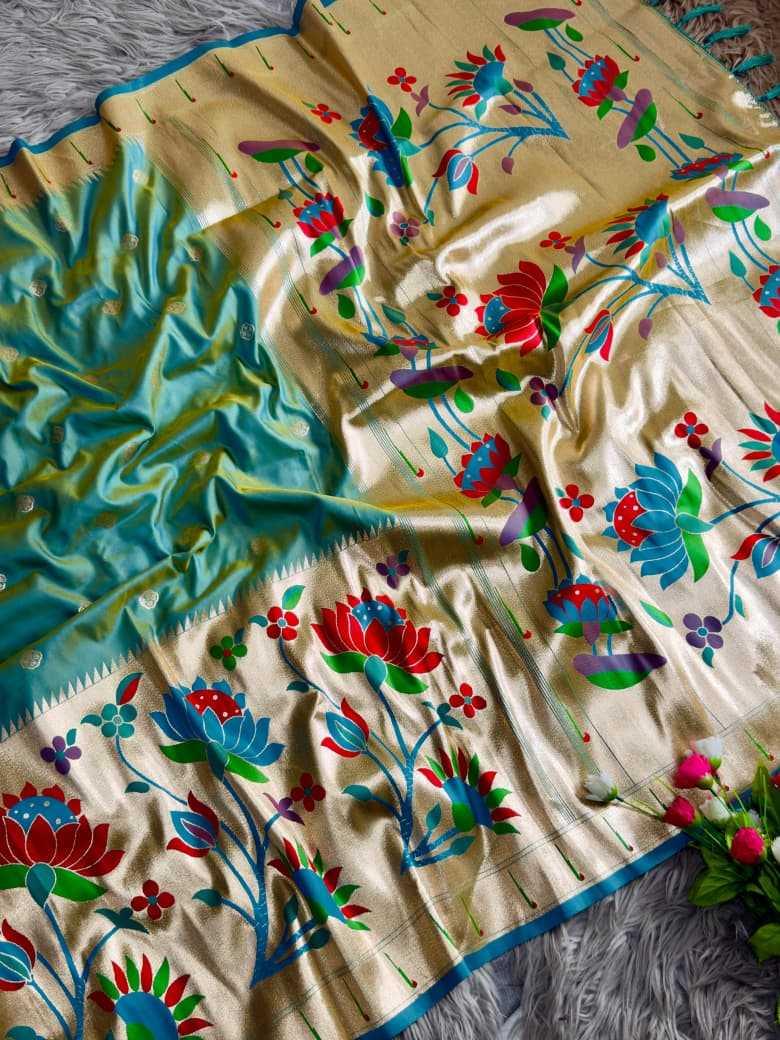 Green Royal Lotus Peacock Paithani Silk Saree with Grand Zari Pallu - House of ViDi