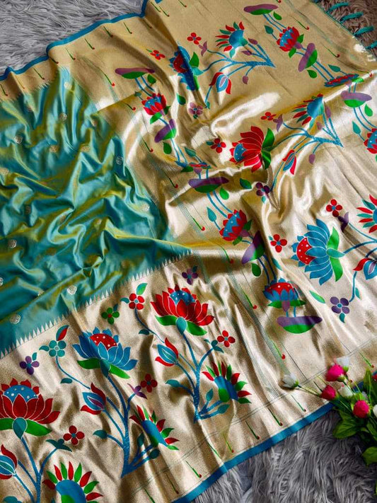 Green Royal Lotus Peacock Paithani Silk Saree with Grand Zari Pallu - House of ViDi