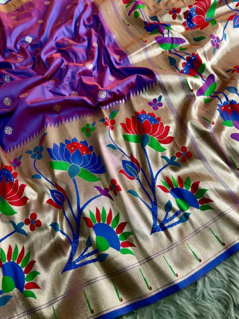 Purple Royal Lotus Peacock Paithani Silk Saree with Grand Zari Pallu - House of ViDi
