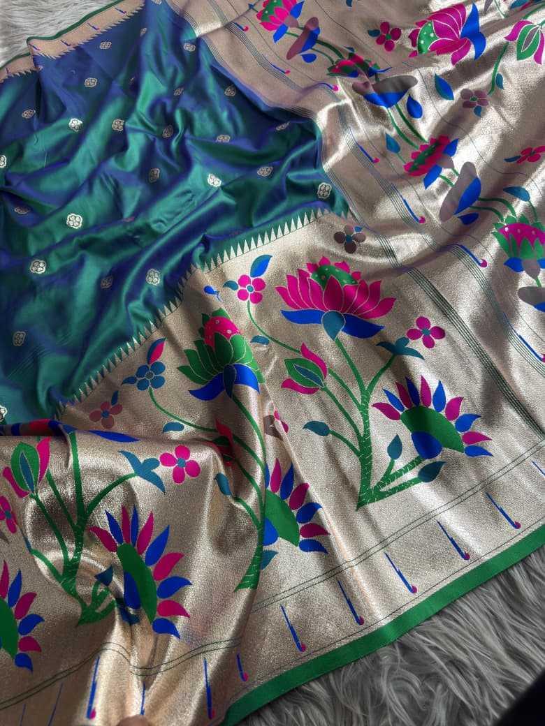 Bottle Green Royal Lotus Peacock Paithani Silk Saree with Grand Zari Pallu - House of ViDi