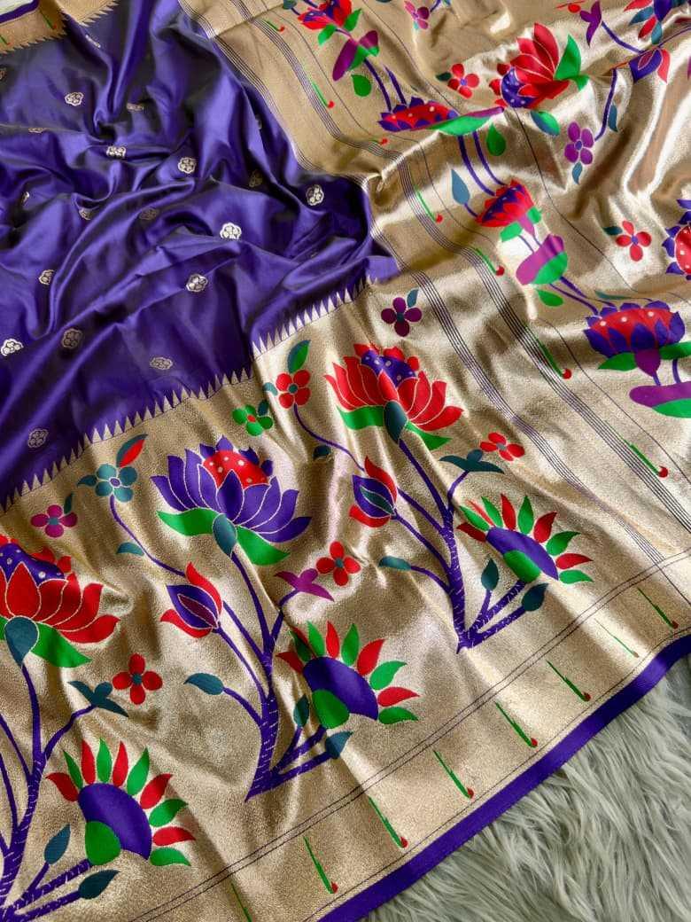 Navy Blue Royal Lotus Peacock Paithani Silk Saree with Grand Zari Pallu - House of ViDi