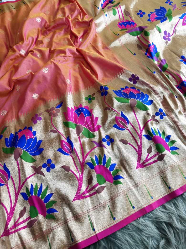Peach Royal Lotus Peacock Paithani Silk Saree with Grand Zari Pallu - House of ViDi