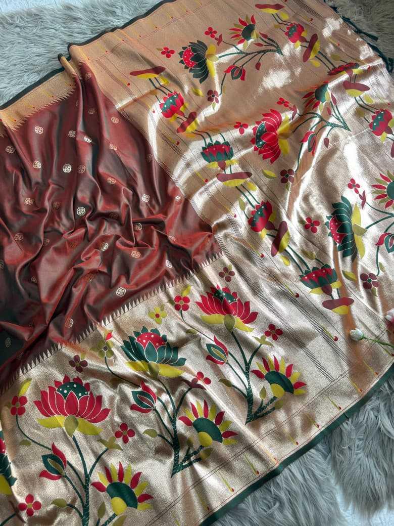 Brown Royal Lotus Peacock Paithani Silk Saree with Grand Zari Pallu - House of ViDi