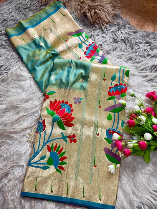 Green Royal Lotus Peacock Paithani Silk Saree with Grand Zari Pallu - House of ViDi